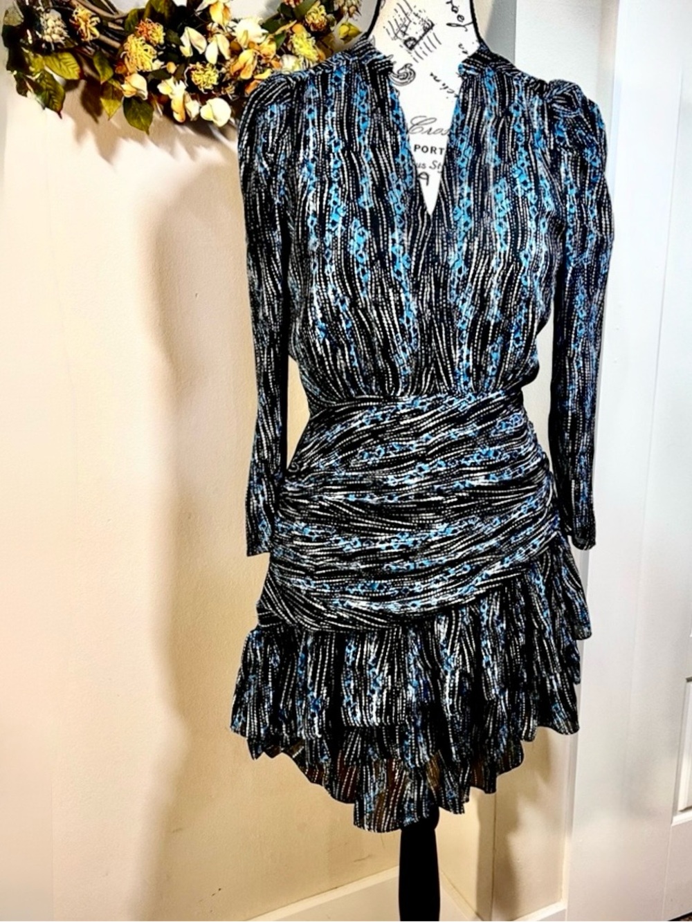 💥SUNCOO Paris Caliste Metallic Floral Ruched Ruffle Mini Dress Sz S💛